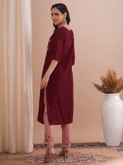 Floral Embroidered Straight Fit Kurta - Maroon