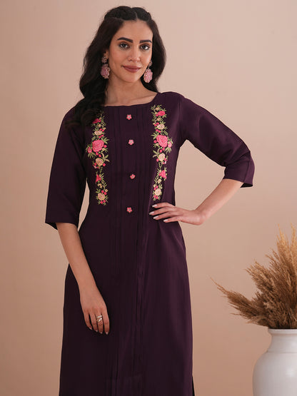 Floral Resham & Zari Embroidered Straight Fit Kurta - Burgundy