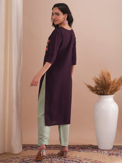 Floral Resham & Zari Embroidered Straight Fit Kurta - Burgundy