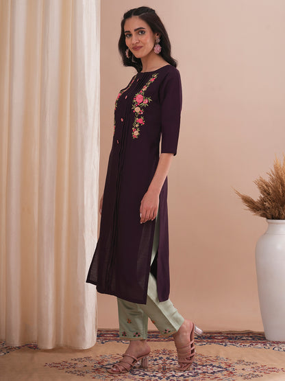 Floral Resham & Zari Embroidered Straight Fit Kurta - Burgundy