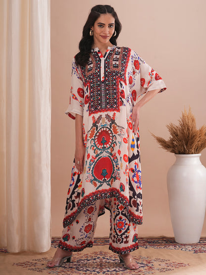 Ethnic Floral Printed Embroidered Kaftan Co-ord Set - Cream