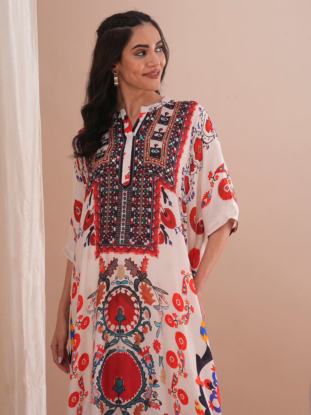 Ethnic Floral Printed Embroidered Kaftan Co-ord Set - Cream