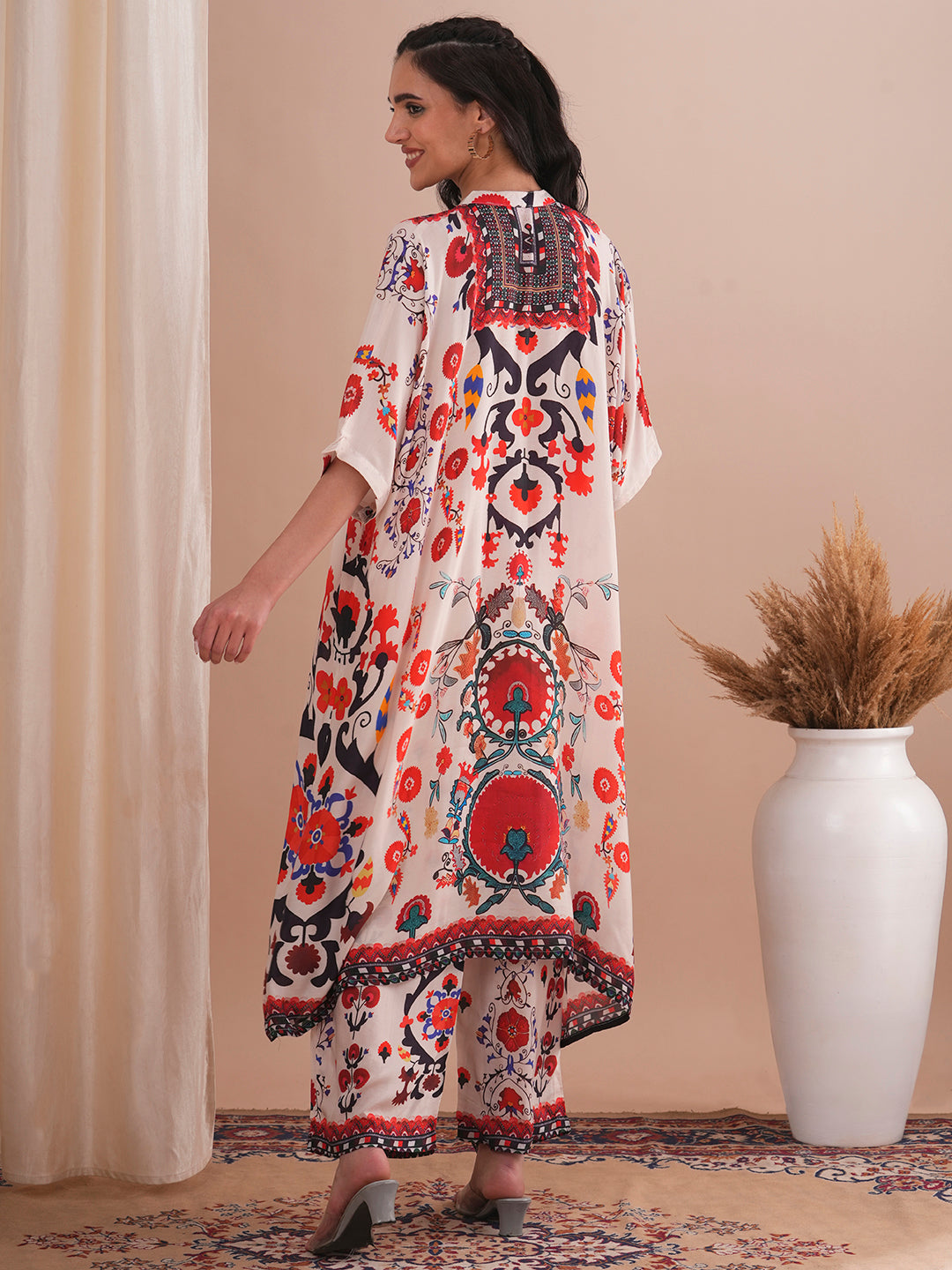 Ethnic Floral Printed Embroidered Kaftan Co-ord Set - Cream