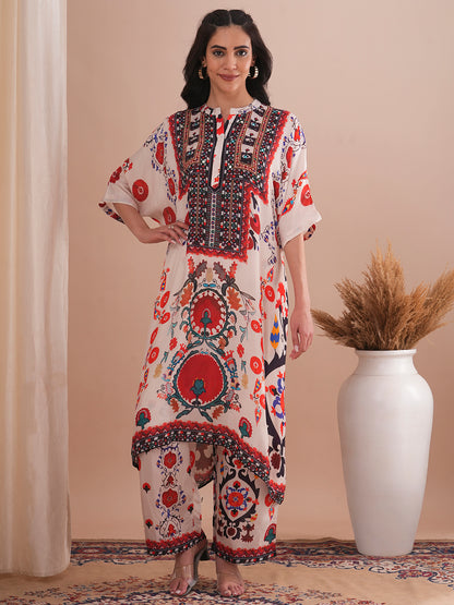 Ethnic Floral Printed Embroidered Kaftan Co-ord Set - Cream