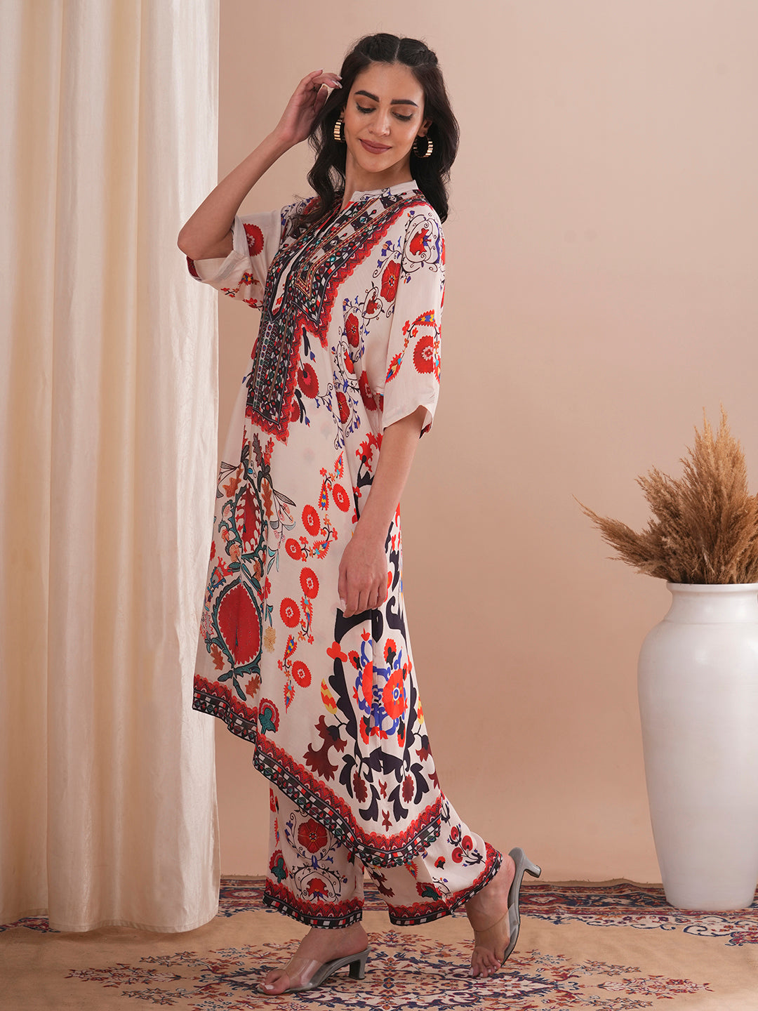 Ethnic Floral Printed Embroidered Kaftan Co-ord Set - Cream