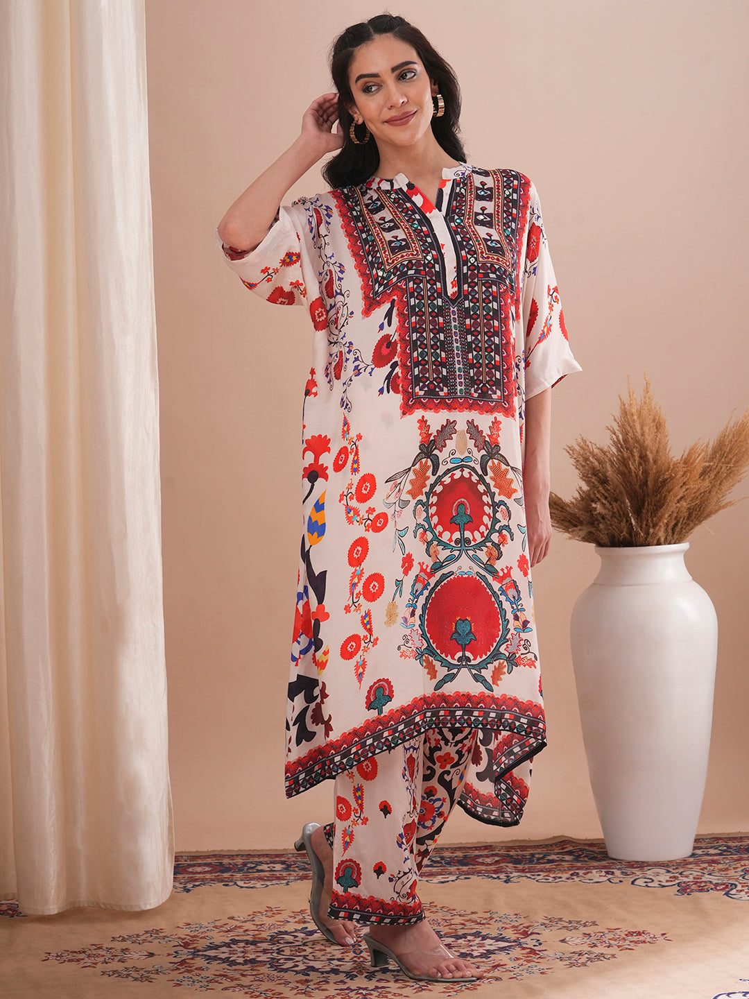 Ethnic Floral Printed Embroidered Kaftan Co-ord Set - Cream