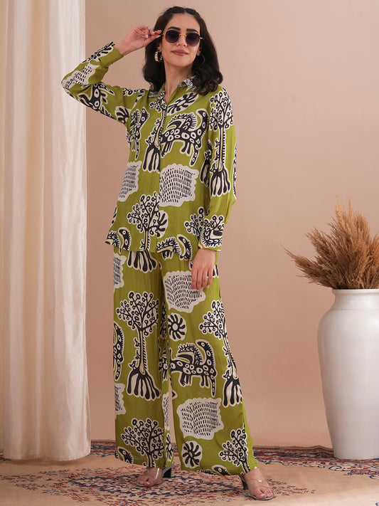 Abstract Floral Printed Straight Fit Co-ord Set - Green