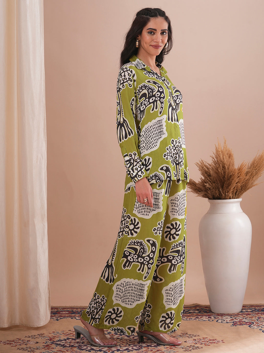 Abstract Floral Printed Straight Fit Co-ord Set - Green