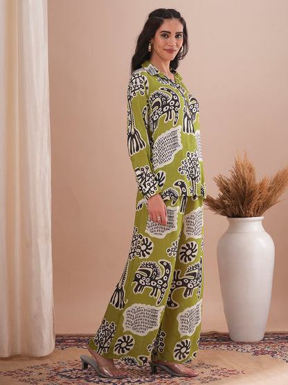 Abstract Floral Printed Straight Fit Co-ord Set - Green