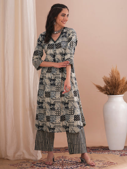 Ethnic Striped & Checks Printed A-Line Kurta with Palazzo - Grey