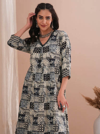 Ethnic Striped & Checks Printed A-Line Kurta with Palazzo - Grey