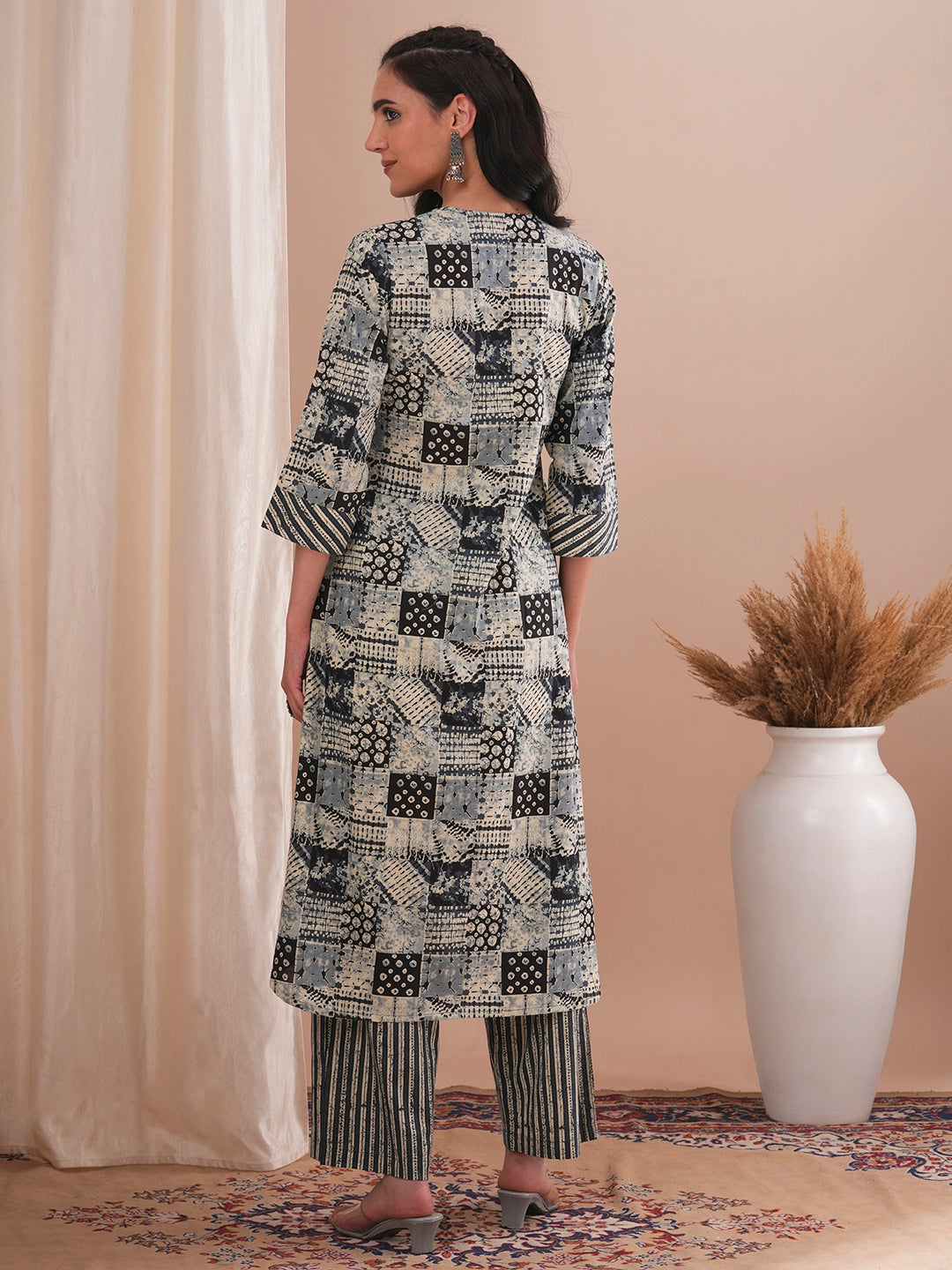 Ethnic Striped & Checks Printed A-Line Kurta with Palazzo - Grey