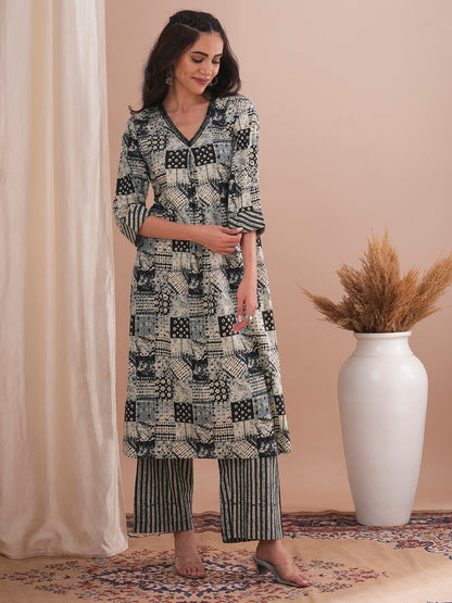 Ethnic Striped & Checks Printed A-Line Kurta with Palazzo - Grey