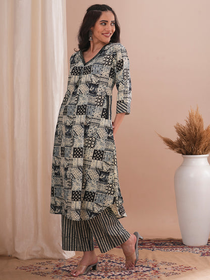 Ethnic Striped & Checks Printed A-Line Kurta with Palazzo - Grey