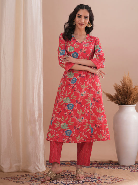 Floral Printed & Embroidered A-Line Paneled Kurta with Pant - Peach