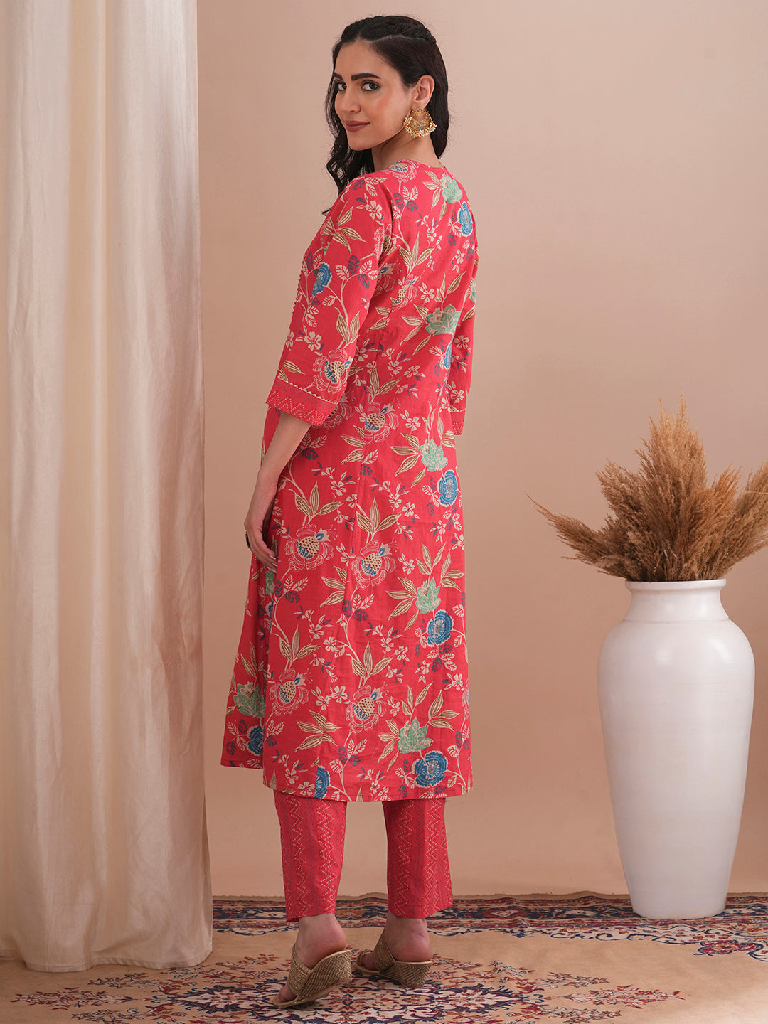 Floral Printed & Embroidered A-Line Paneled Kurta with Pant - Peach