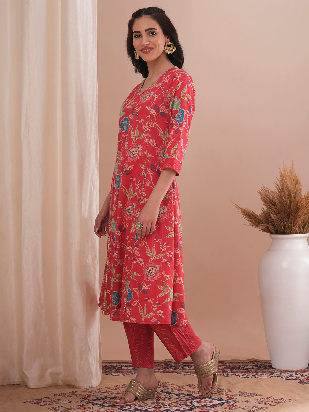 Floral Printed & Embroidered A-Line Paneled Kurta with Pant - Peach