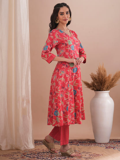 Floral Printed & Embroidered A-Line Paneled Kurta with Pant - Peach