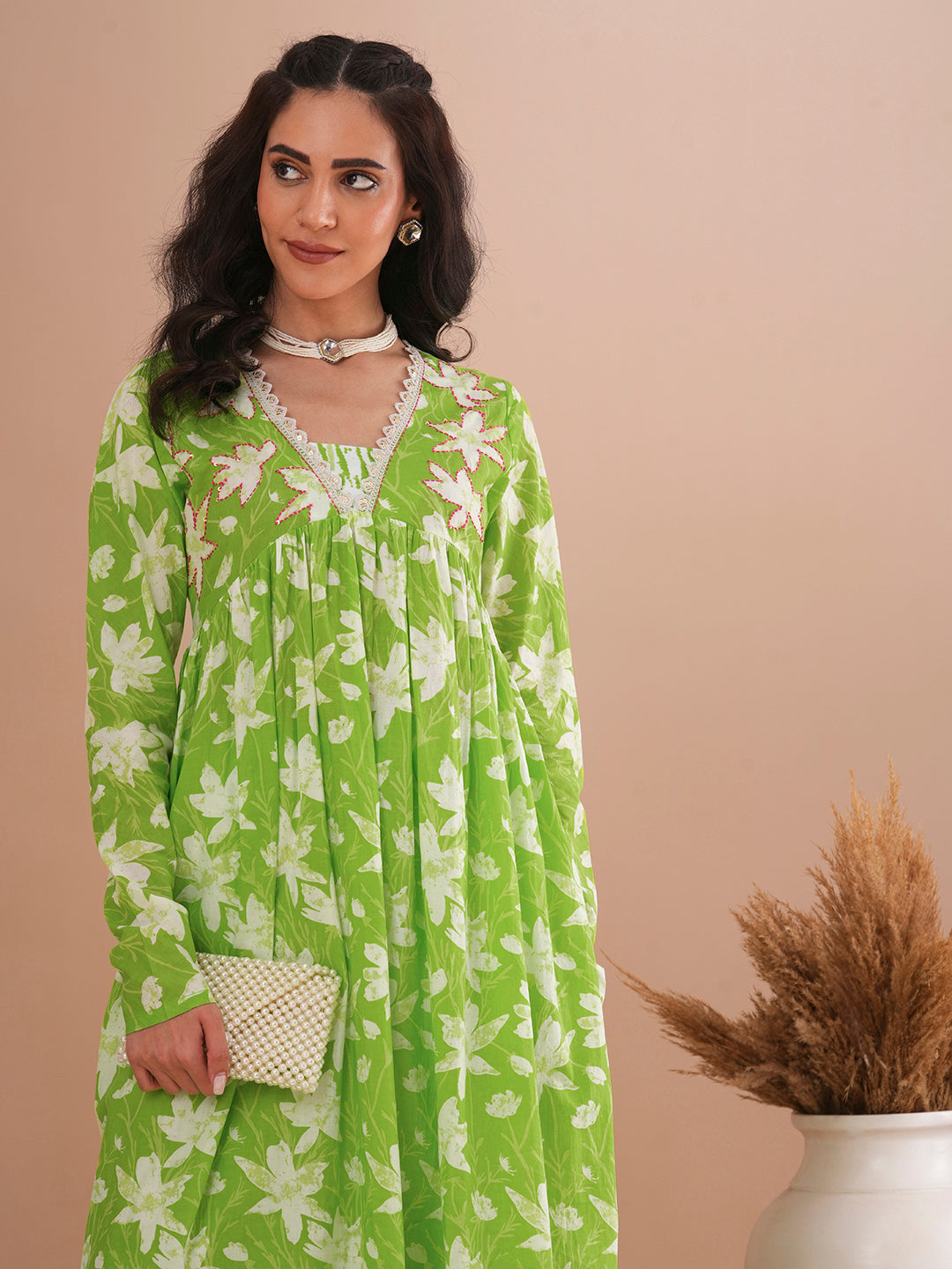 Abstract Floral Printed & Embroidered A-Line Pleated Kurta with Palazzo - Green