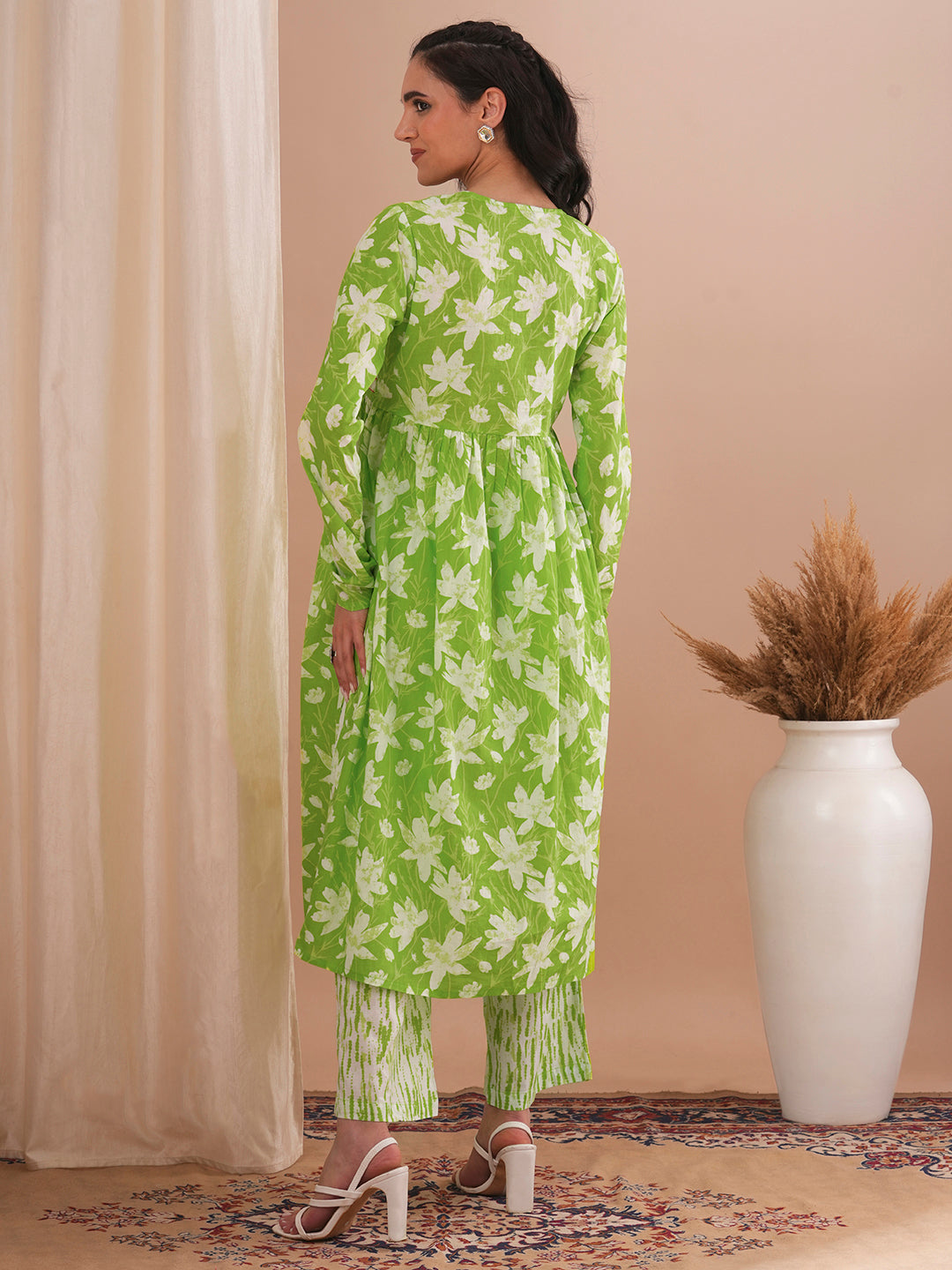 Abstract Floral Printed & Embroidered A-Line Pleated Kurta with Palazzo - Green