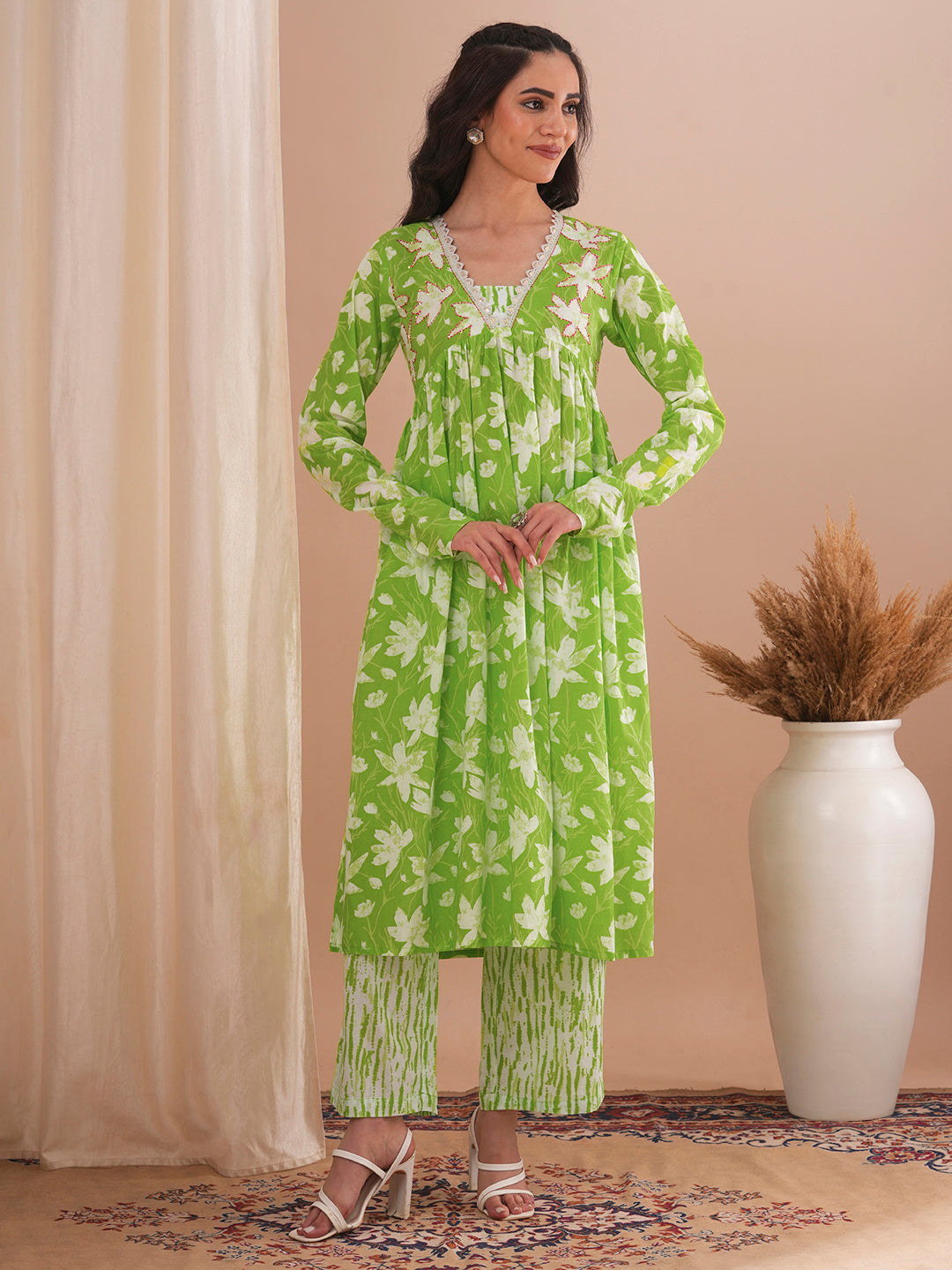 Abstract Floral Printed & Embroidered A-Line Pleated Kurta with Palazzo - Green