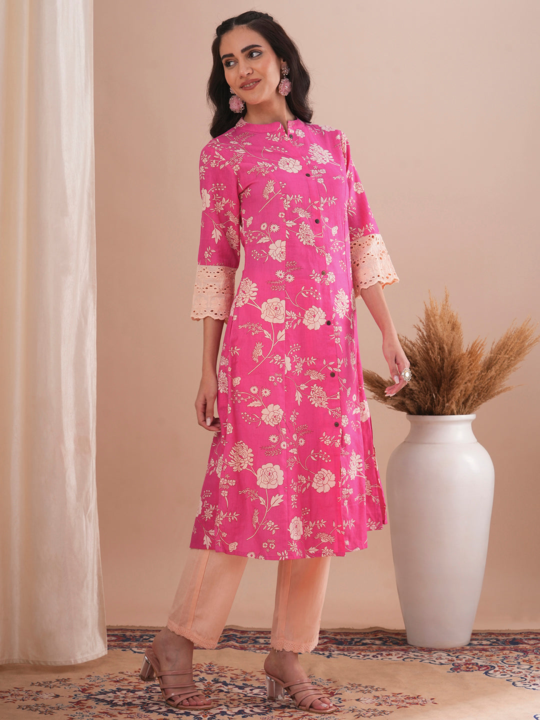 Ethnic Floral Printed A-Line Paneled Kurta with Pant - Pink