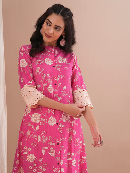 Ethnic Floral Printed A-Line Paneled Kurta with Pant - Pink