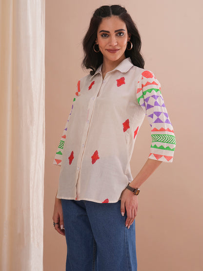 Ethnic Geometric Printed Straight Fit Kurti - Off White