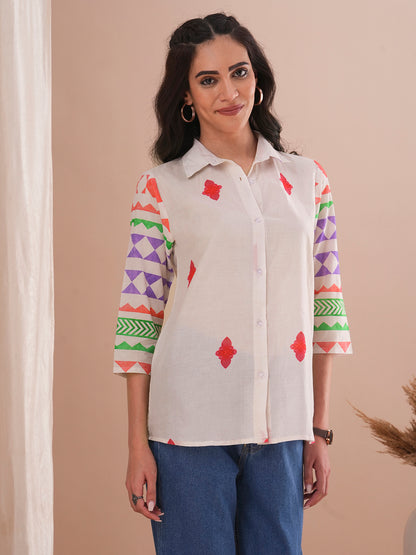 Ethnic Geometric Printed Straight Fit Kurti - Off White