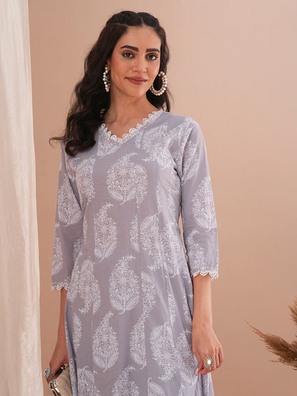 Ethnic Floral Printed Anarkali Flared Kurta with Pant - Light Lavender