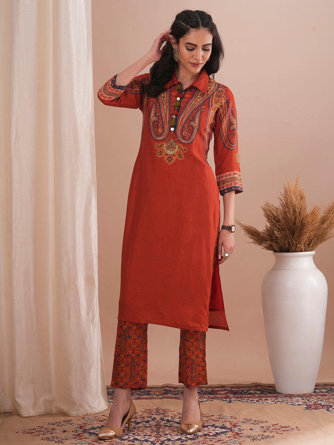 Ethnic Floral Printed Straight Fit Kurta with Pant - Rust