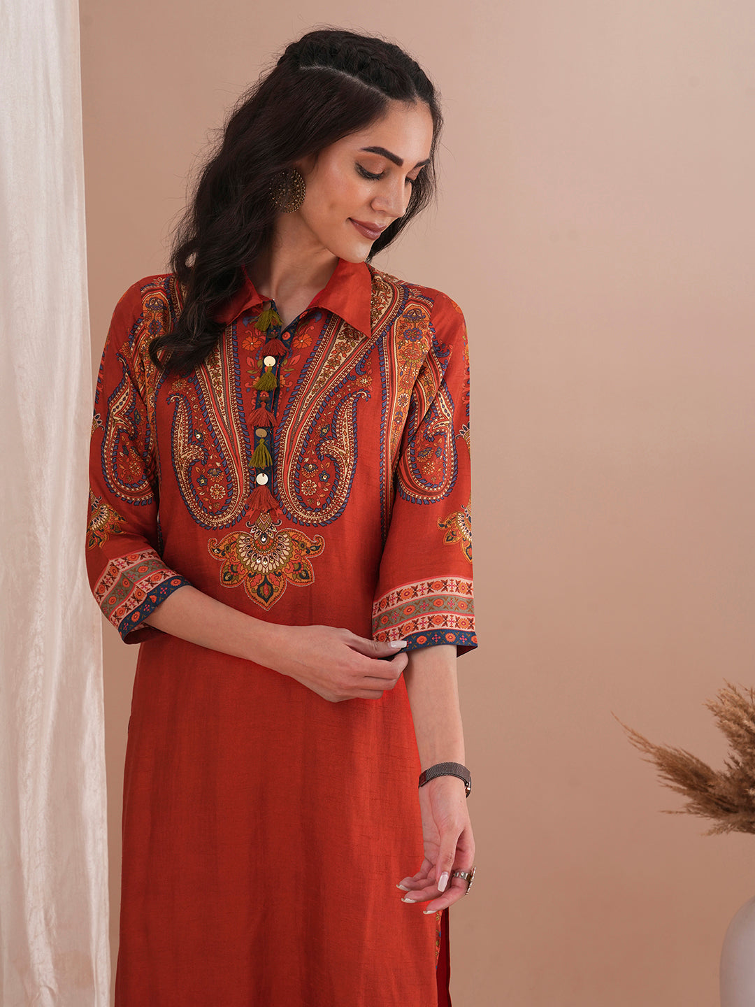 Ethnic Floral Printed Straight Fit Kurta with Pant - Rust