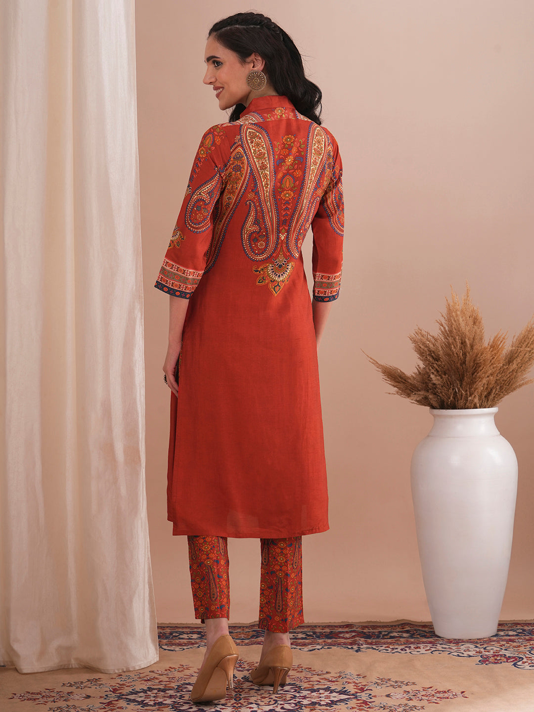 Ethnic Floral Printed Straight Fit Kurta with Pant - Rust