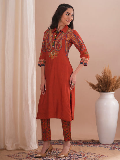 Ethnic Floral Printed Straight Fit Kurta with Pant - Rust