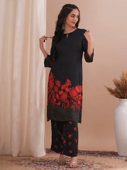 Abstract Floral Printed Straight Fit Kurta with Pant - Black