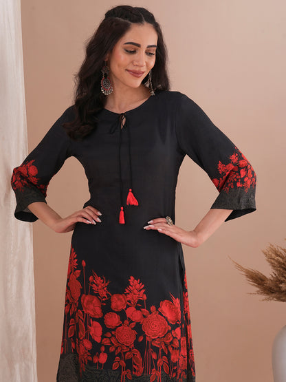 Abstract Floral Printed Straight Fit Kurta with Pant - Black