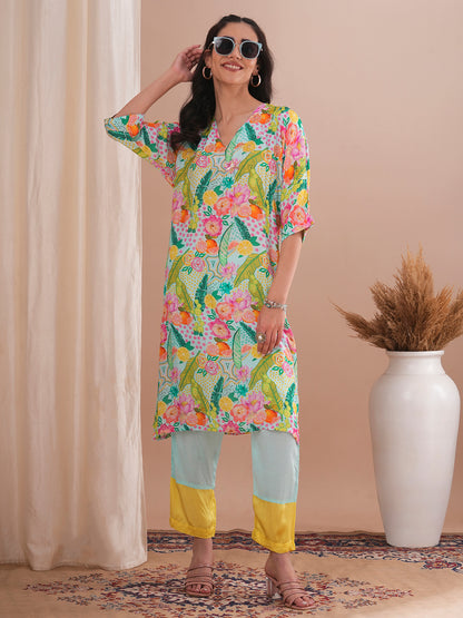 Abstract Floral Printed & Hand Embroidered A-Line Kurta with Pant - Multi