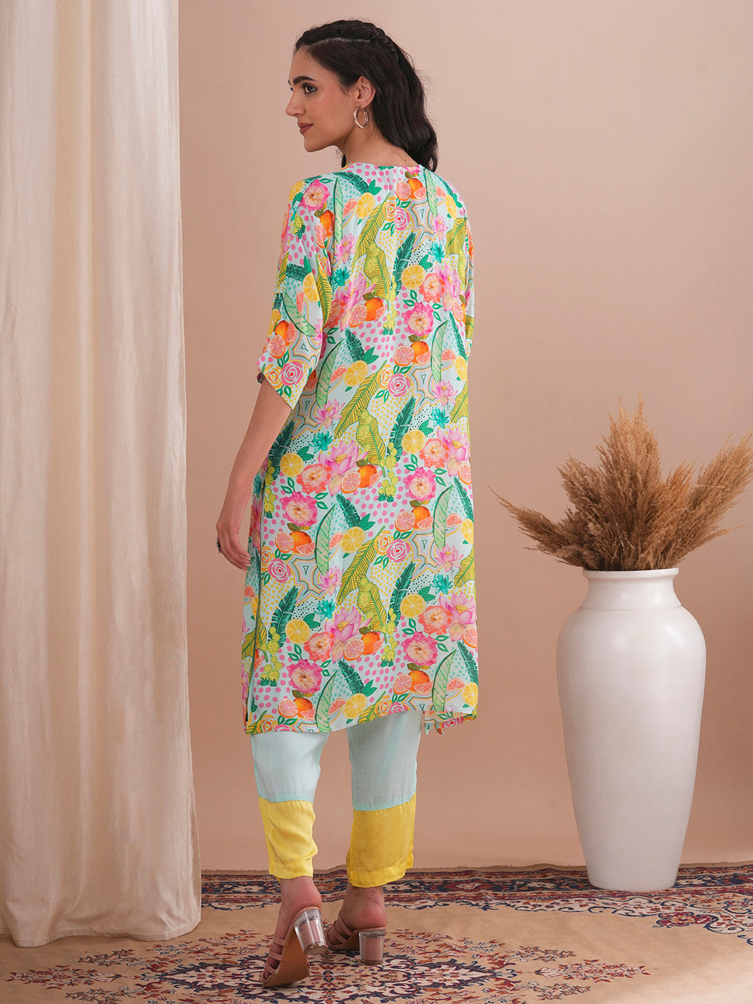 Abstract Floral Printed & Hand Embroidered A-Line Kurta with Pant - Multi