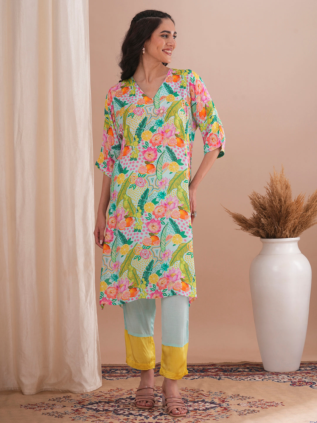 Abstract Floral Printed & Hand Embroidered A-Line Kurta with Pant - Multi