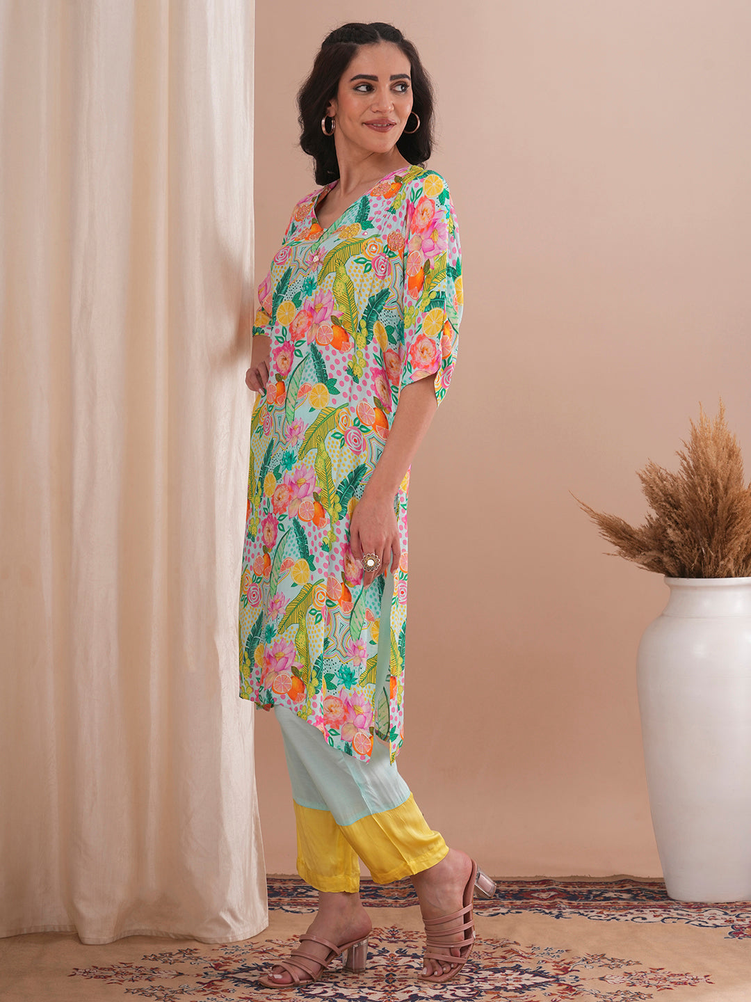 Abstract Floral Printed & Hand Embroidered A-Line Kurta with Pant - Multi