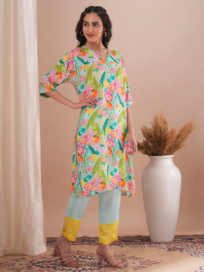 Abstract Floral Printed & Hand Embroidered A-Line Kurta with Pant - Multi