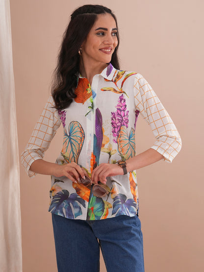 Abstract Floral Printed Straight Fit Kurti - White