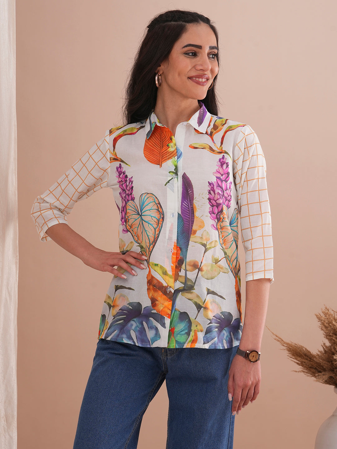 Abstract Floral Printed Straight Fit Kurti - White