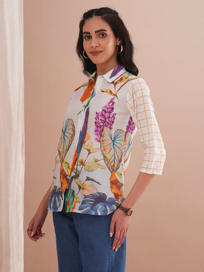 Abstract Floral Printed Straight Fit Kurti - White