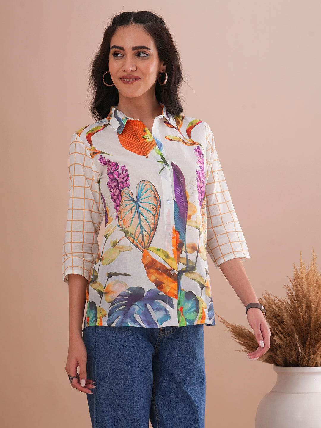 Abstract Floral Printed Straight Fit Kurti - White