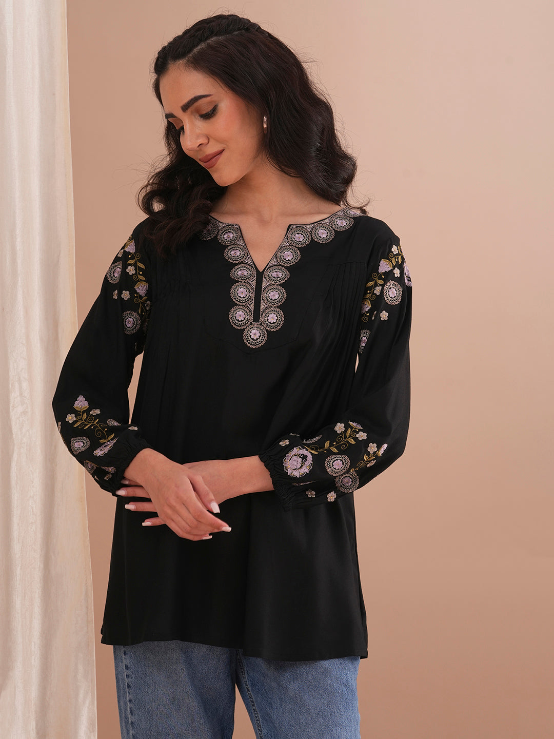 Solid Floral Resham Embroidered A-Line Kurti - Black