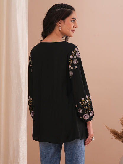 Solid Floral Resham Embroidered A-Line Kurti - Black