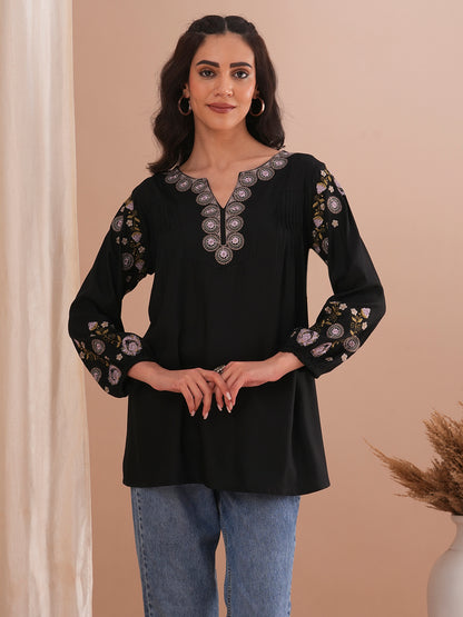 Solid Floral Resham Embroidered A-Line Kurti - Black