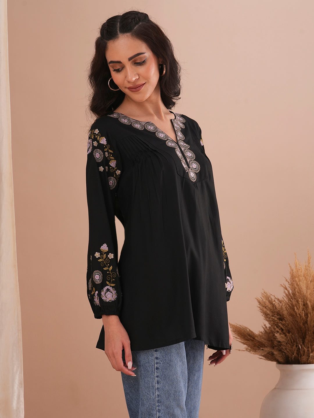 Solid Floral Resham Embroidered A-Line Kurti - Black