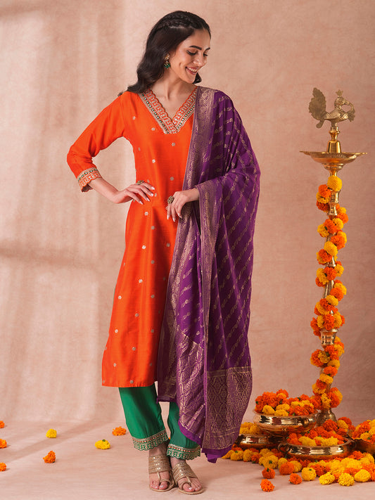 Solid Ethnic Embroidered Straight Kurta with Pant & Dupatta - Orange